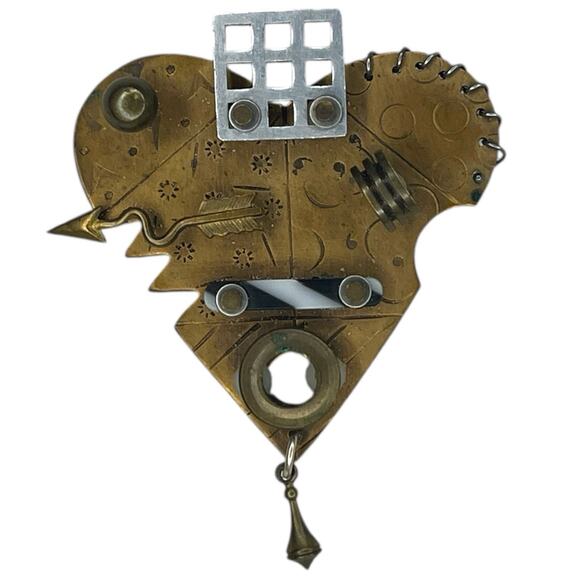Thomas Mann Jewelry - Vintage Signed Thomas Mann Techno Romantic Bronze Mixed Metal Heart Pin Brooch